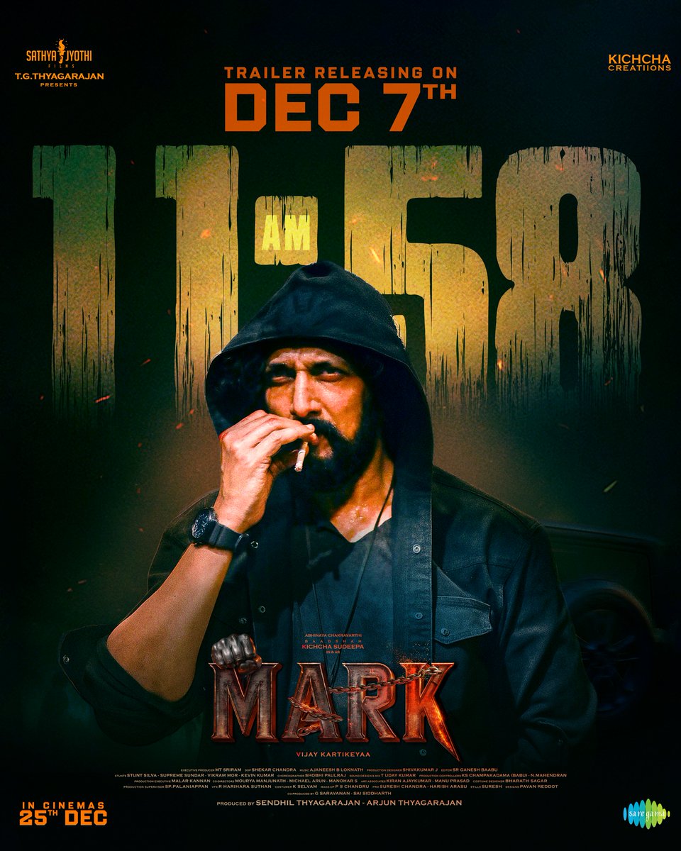 #MARK is Ready to Shake The Internet! 😎

#MarkTheFilm Trailer Drops On 7th December at 11:58 AM! 💥🎬

<a href="/KicchaSudeep/">Kichcha Sudeepa</a> #BaadShahDay  <a href="/Kichchacreatiin/">Kichcha Creatiions</a> <a href="/SathyaJyothi/">Sathya Jyothi Films</a> <a href="/VKartikeyaa/">VIJAY Kartikeyaa</a> <a href="/AJANEESHB/">B AJANEESH LOKNATH</a> <a href="/iampriya06/">Priya Sudeep/ಪ್ರಿಯ</a> <a href="/shekarchandra71/">cahndrashekhara D</a> <a href="/ganeshbaabu21/">Ganeshbaabu</a>
<a href="/shivakumarart/">shivakumar</a> <a href="/kevinkumarrrr/">Kevin Kumar</a> <a href="/TSrirammt/">Sriram.m.t</a>