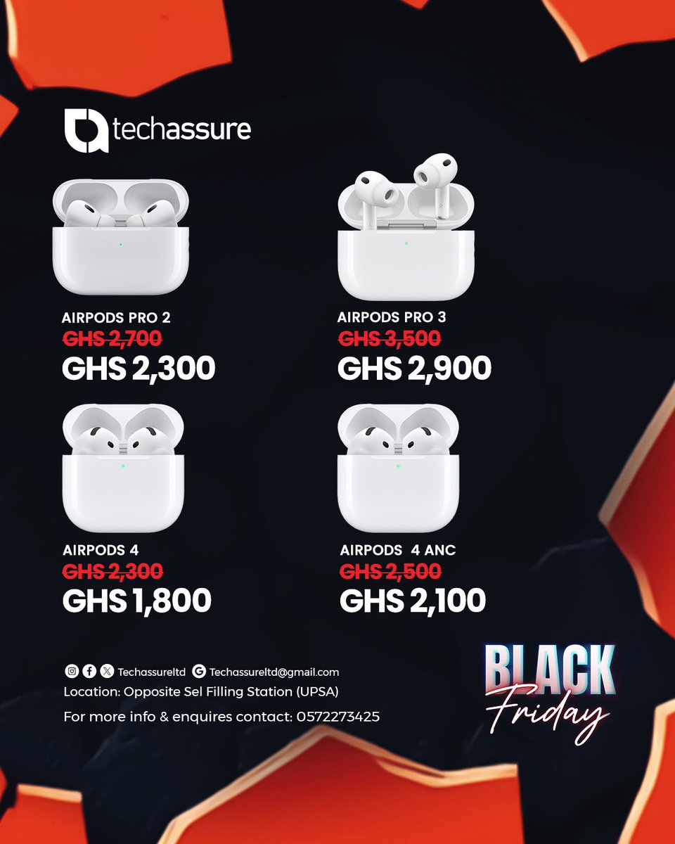 techassureltd's tweet image. ‼️📢#blackfriday is here … We have amazing offers for our original AirPods  collections, don’t miss out on them ⚡️

☎️Call/WhatsApp: 0572273425
📍Location: UPSA,Madina
🌐Search "techassure Ltd" on Google Map/ Uber/bolt / Yango