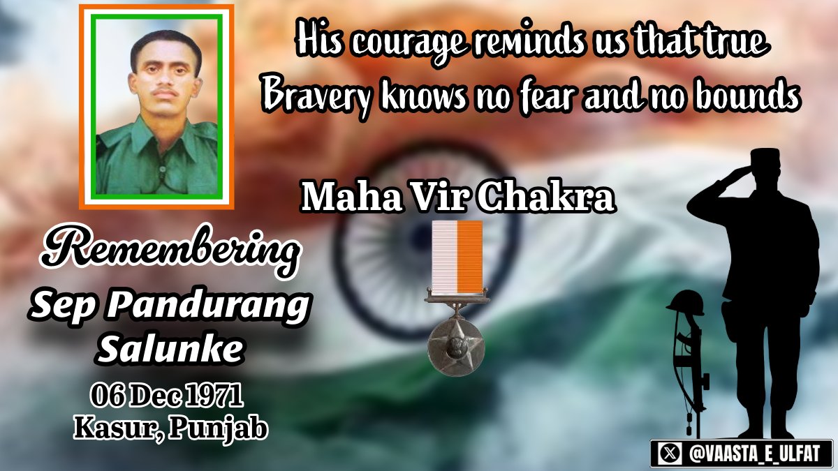 Vaasta_A_Ulfat's tweet photo. #OnThisDay, 06 Dec 1971, Sep Pandurang Salunke, #MahaVirChakra (P), 15 MARATHA LI, made the supreme sacrifice near Kasur, Punjab.

The Indian Brave charged an enemy rocket launcher, snatched it, and silenced the threat under fire.

#Sacrifices #IndianArmy #शौर्य_दिवस https://t.co/10Khbib82I