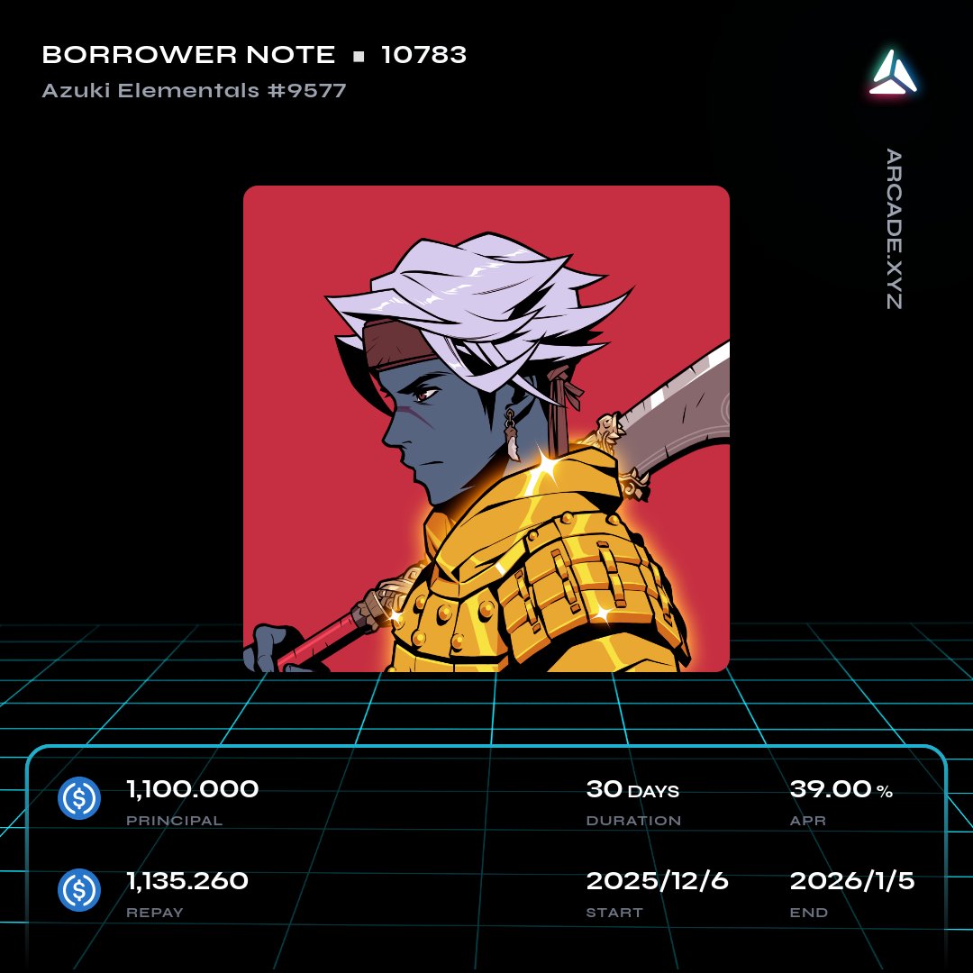 ArcadeAlert's tweet image. 🚨 Arcade.xyz NFT Loan Alert 🚨

New Loan Started on Azuki Elementals #9577

@Arcade_xyz - app.arcade.xyz/terms/loan/0x8…