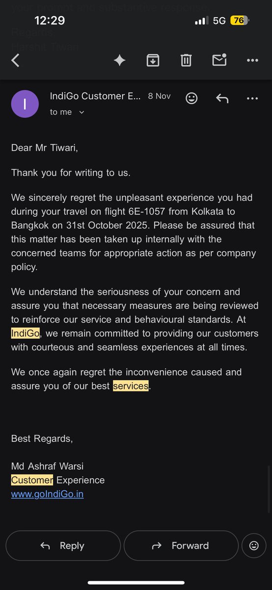 CaptHarshit's tweet photo. @MoCA_GoI @DGCAIndia Even after one month, my formal complaint to @IndiGo6E against an AOCS for public misbehavior and humiliation in front of 100+ pax remains unresolved. No apology, no explanation, no corrective action communicated. This reflects poor redressal and safety. https://t.co/WzRIzkv2rX