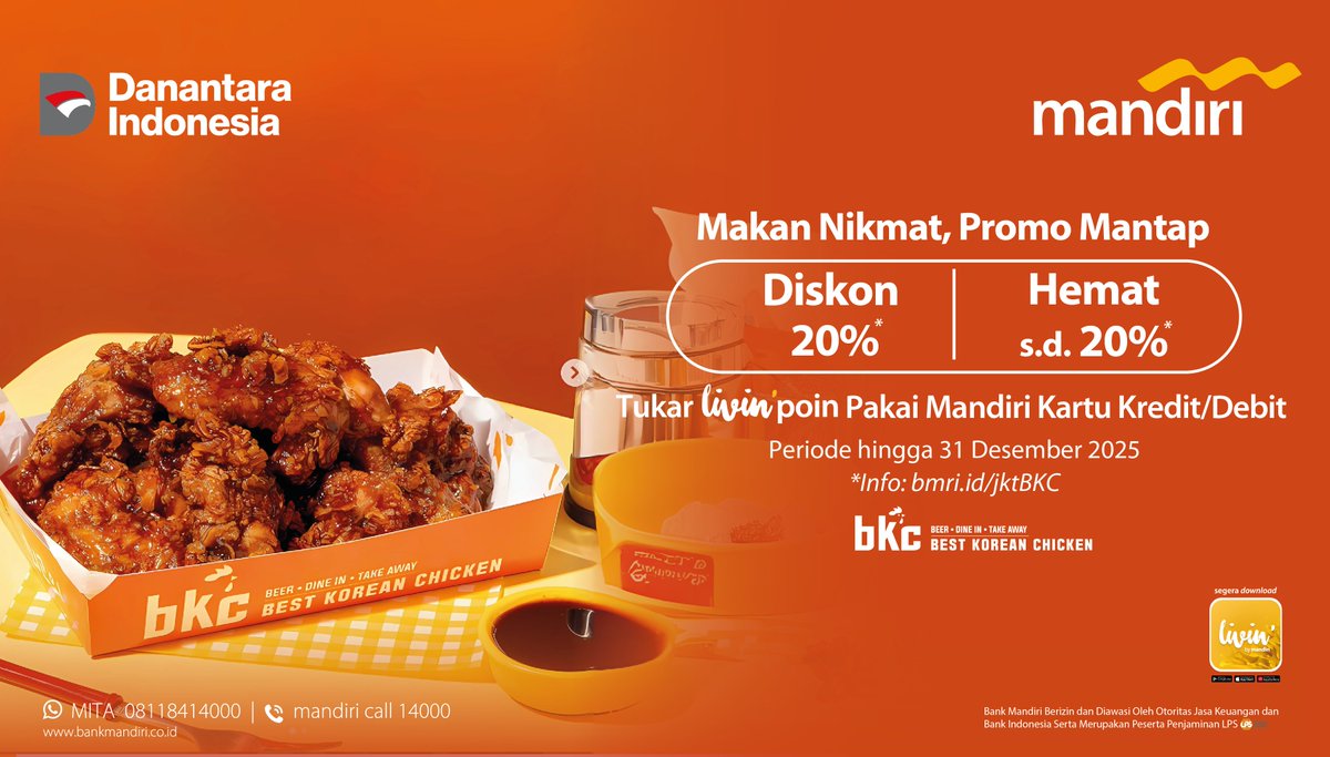 Makan ayam ala Korea makin nikmat dan hemat! 🍗😍

Nikmatin promo BKC diskon 20%* dan hemat s.d. 20%* dengan tukar Livin'poin pakai Mandiri Kartu Kredit/Debit 🎉

Yuk, nikmati promonya biar nonton K-Drama jadi makin afdol! Berlaku hingga 31 Desember 2025.

*Info lengkap: