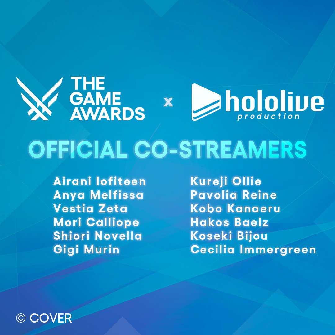 We're thrilled that many <a href="/hololive_En/">hololive (English)</a> creators will be co-streaming #TheGameAwards live next Thursday.

You can co-stream too with your audience. Just sign up at bit.ly/tga25costream