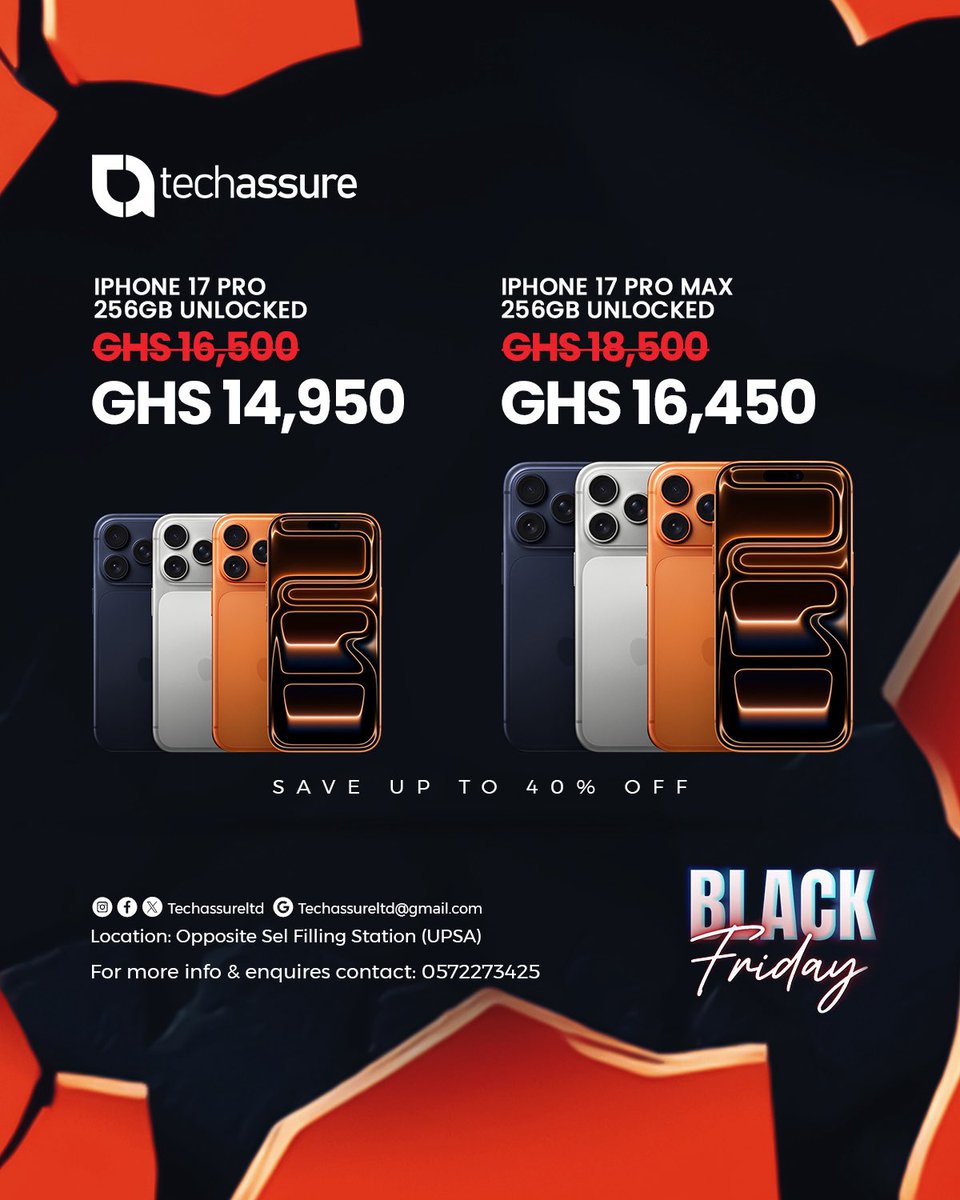 techassureltd's tweet image. The countdown is over. #blackfriday is here 
Grab your iPhone 17 series at unbeatable prices. Limited stock available.

☎️Call/WhatsApp: 0572273425
📍Location: UPSA,Madina
🌐Search "techassure Ltd" on Google Map/ Uber/bolt / Yango