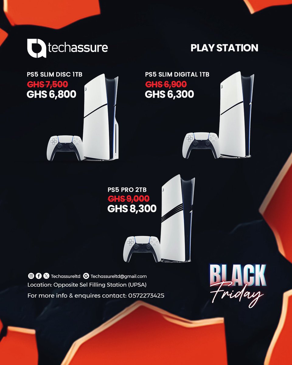 techassureltd's tweet image. #blackfriday is here . We have amazing
discounts on our Ps5 consoles and controllers.
Rush now‼️

☎️Call/WhatsApp: 0572273425
📍Location: UPSA,Madina
🌐Search "techassure Ltd" on Google Map/ Uber/bolt / Yango