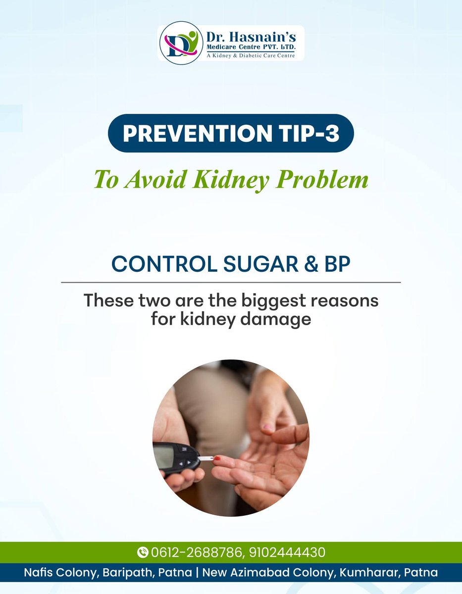 MHasnainQuaisar's tweet image. Keeping your kidneys healthy starts with controlling two major risk factors blood sugar and blood pressure. 

#KidneyCare #ControlDiabetes #ControlBP #KidneyHealthPatna #NephrologistPatna #DrHasnainQuaisar #HealthAwarenessIndia #PreventKidneyDisease
