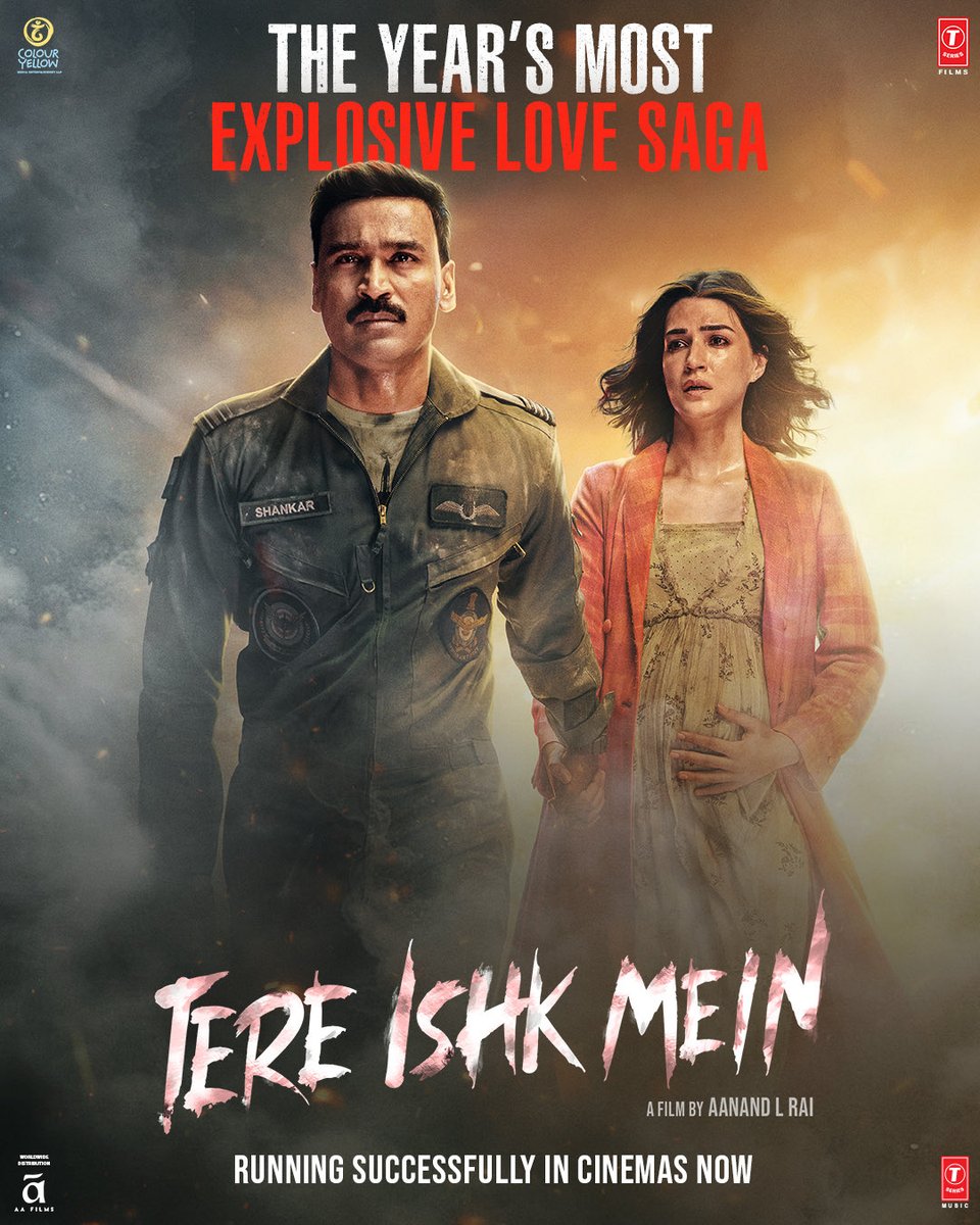 We fall in love by chance, we stay in love by choice.❤️‍🔥

#TereIshkMein running successfully in cinemas near you, in Hindi, Tamil and Telugu. Grateful for the love🙏🏼

<a href="/dhanushkraja/">Dhanush</a> <a href="/kritisanon/">Kriti Sanon</a> <a href="/arrahman/">A.R.Rahman</a> <a href="/aanandlrai/">Aanand L Rai</a> #BhushanKumar #HimanshuSharma #KrishanKumar @Irshad_kamil