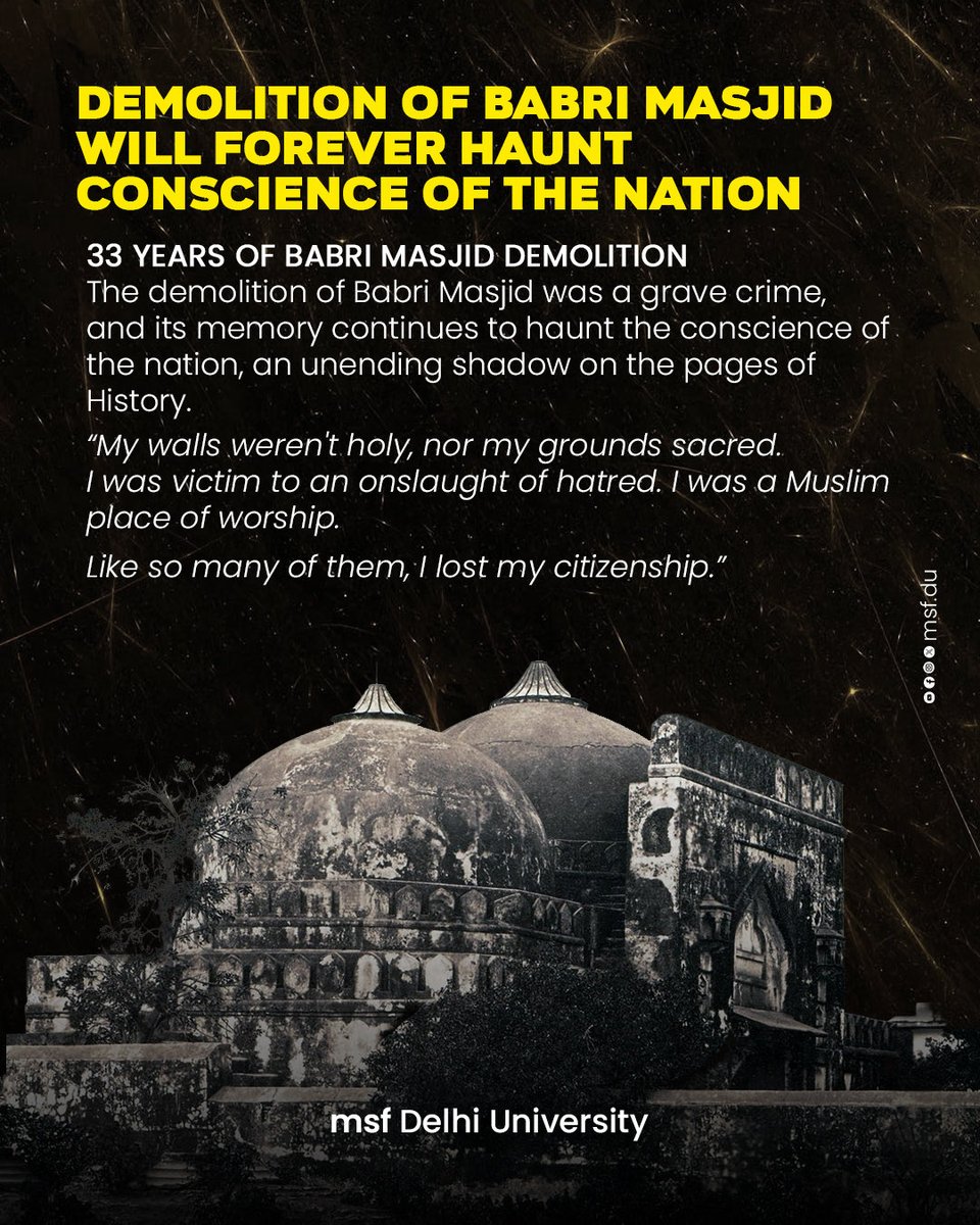 msf_DU's tweet photo. My walls weren't holy, nor my grounds sacred.
I was victim to an onslaught of hatred. I was a Muslim place of worship.
Like so many of them, I lost my citizenship.
#BabriMasjid https://t.co/J7HNEXU78R