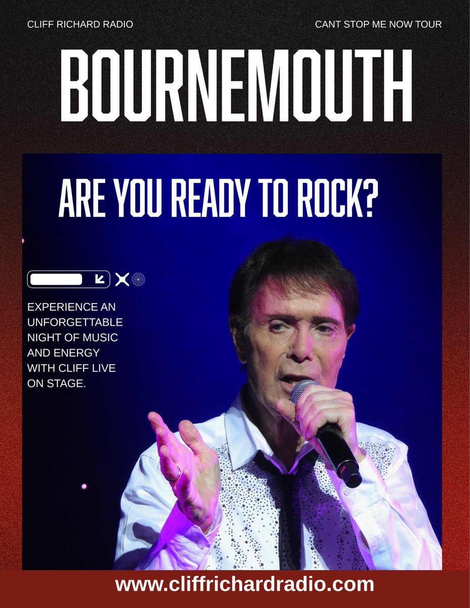 🎵✨ Bournemouth — get ready! ✨🎵

Cliff brings his tour to Bournemouth tonight, delivering hit after hit 

It’s going to be a night packed with joy, nostalgia and pure Cliff energy. 🙌💫

#CliffRichard #CantStopMeNowTour #Bournemouth #CliffRichardRadio
