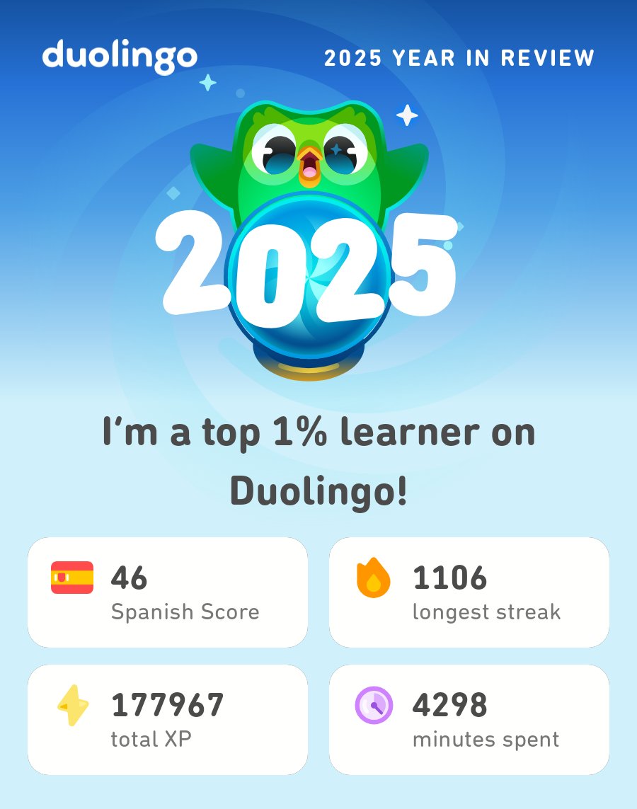 liziel's tweet photo. My 2025 Duolingo stats are in! How did you do? #Duolingo365 https://t.co/QQv9nys5Ud