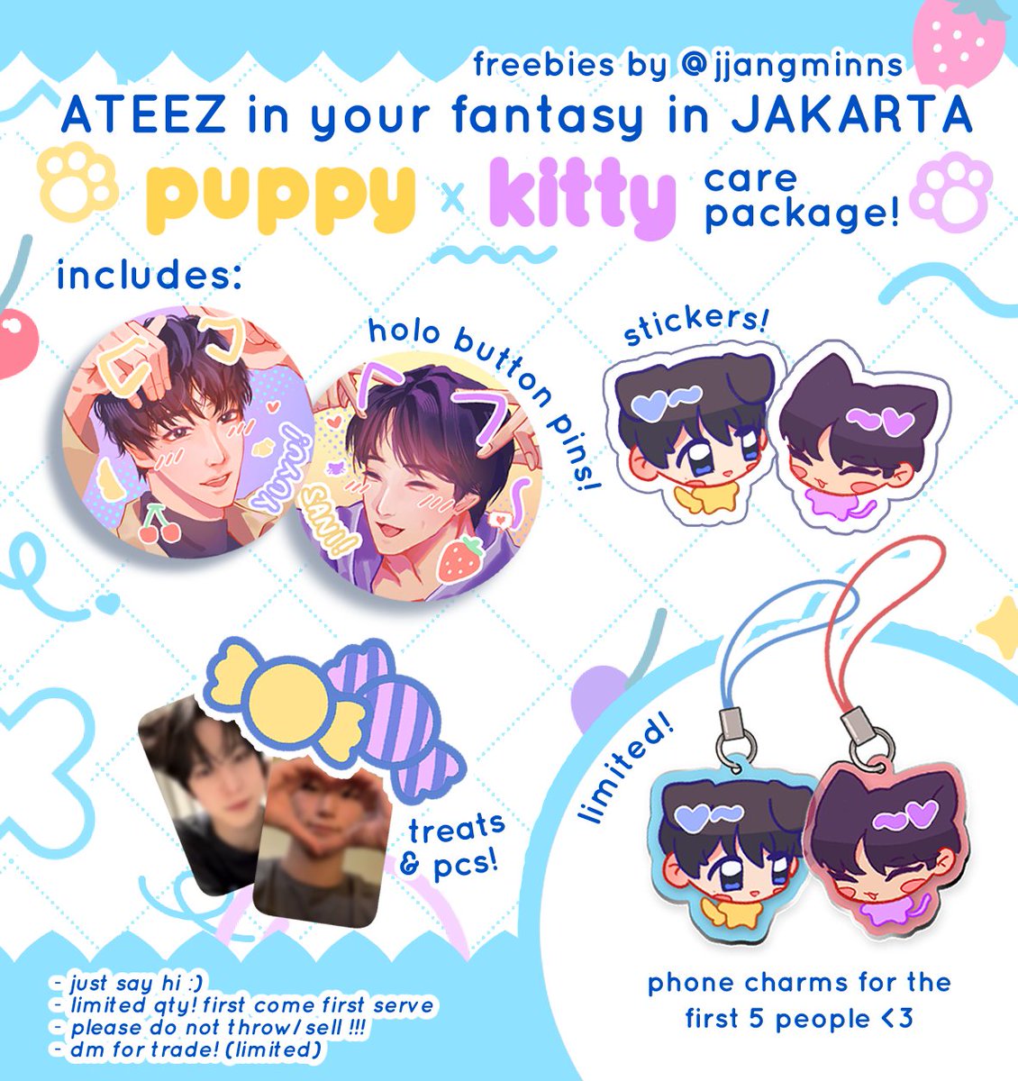 🩵 🐶Puppy × Kitty Care Package ! 🐱🩵
[ ATEEZ In Your Fantasy in Jakarta Freebies by <a href="/jjangminns/">vi🎸</a> ]

come adopt yuyu and sani😋🩵

ꨄ︎ Limited qty! First come first serve
ꨄ︎ Location &amp; Time TBA
ꨄ︎ Tag me if you receive my freebies!

 #ATEEZinJakarta #InYourFantasyJakarta