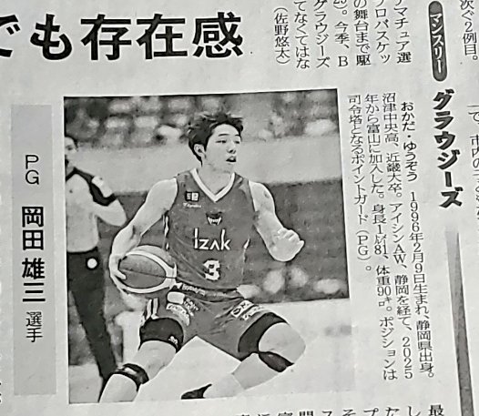 今日の読売新聞富山版にグラの岡田さんが載ってますね。今日もポイントゲッターとして是非頑張ってください。☺️🏀💕