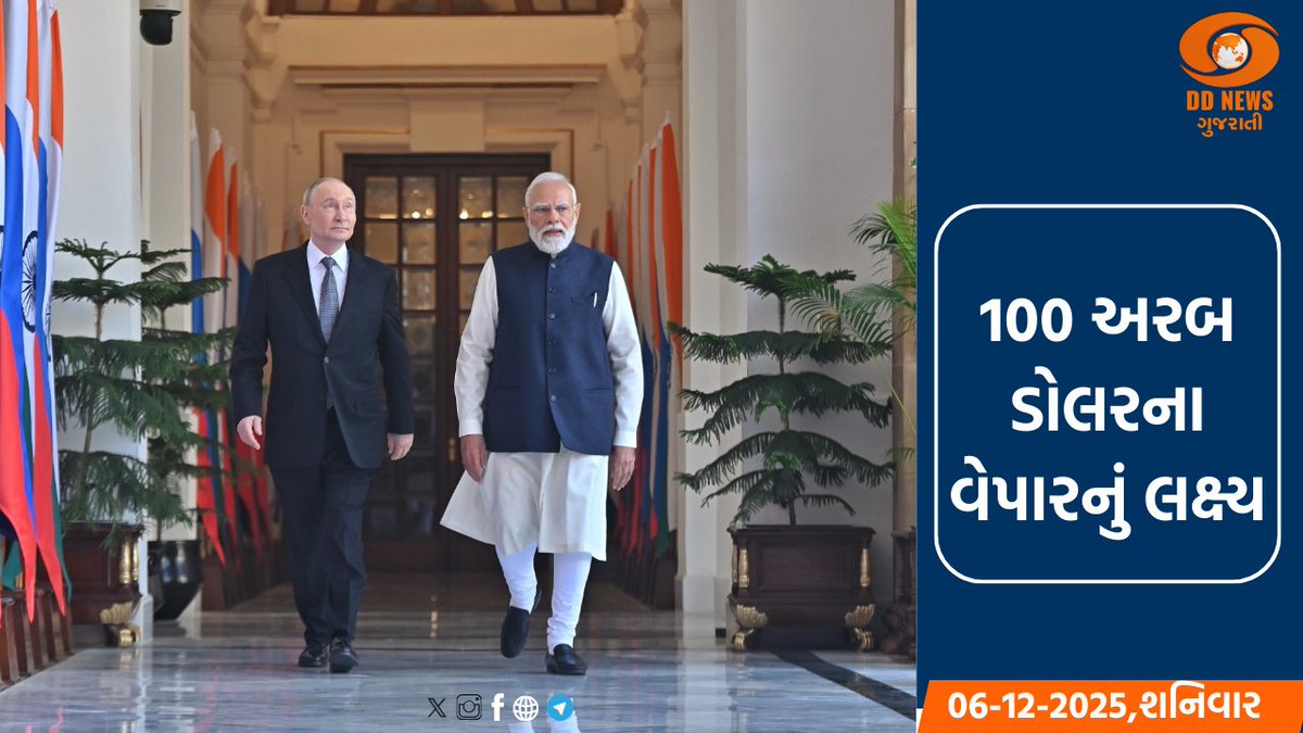 DDNewsGujarati's tweet photo. 🔸ભારત-રશિયા વચ્ચે 100 અરબ ડોલરના દ્વિપક્ષીય વેપારનું લક્ષ્ય
🔸બહુપક્ષીય વેપાર પ્રણાલીના મહત્વ પર ભાર મુકાયો
વાંચો વિગતે:
https://t.co/mMFnkR3soa
#DDNEWS #DDgirnar #IndiaRussia #ModiPutin #BilateralTrade #StrategicPartnership #100Billion #GlobalEconomy https://t.co/k1AkNrqyiq