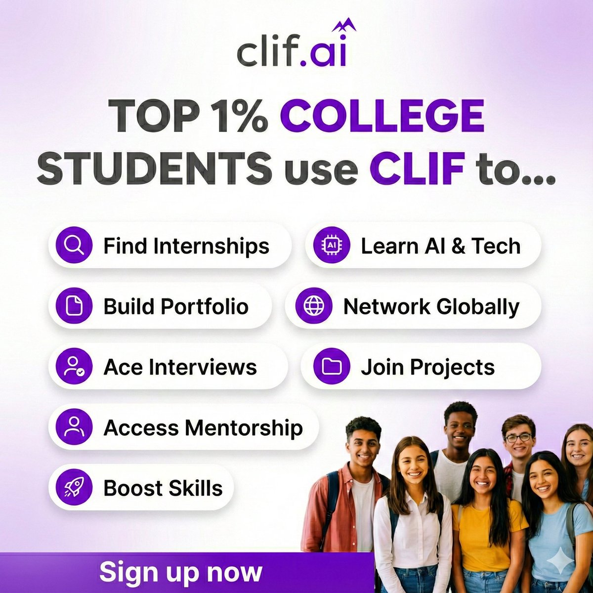 The top 1% students in the world are not lucky, they are consistent. And now, they use CLIF AI to stay ahead.

From world-class mock interviews to personalized upskilling, CLIF AI is becoming the go-to platform for ambitious students who want to break limits and build outstanding