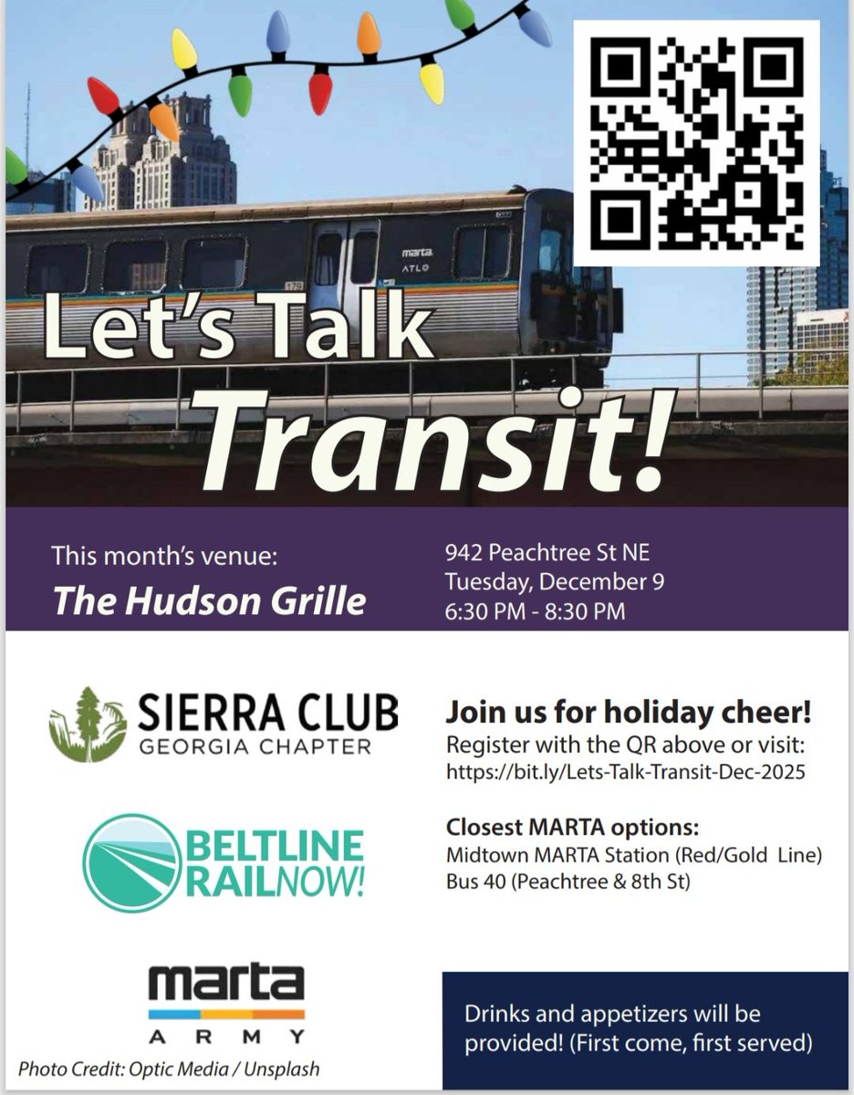 Happy Holidays,  our 4th Quarter Let’s Talk Transit is here in Midtown,  come mingle, learn, talk about how transit can help our city. 1st 20ppl wear a Transit related shirt 👕,  redeem 🎟 for free drink.
<a href="/beltlinerailnow/">BeltLine Rail Now!</a> <a href="/gasierraclub/">Sierra Club Georgia Chapter</a> <a href="/martaarmy/">MARTA Army</a>
ref: bit.ly/Lets-Talk-Tran…