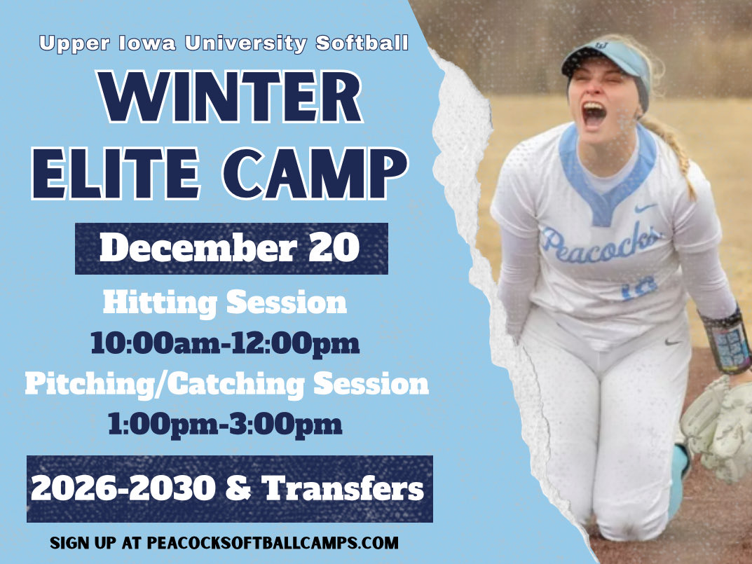 ❄️ Winter Elite Camp is set! ❄️
Join us December 20 for hitting, pitching, and catching sessions with Upper Iowa Softball. Spots are limited — lock yours in today!
🔗 peacocksoftballcamps.com