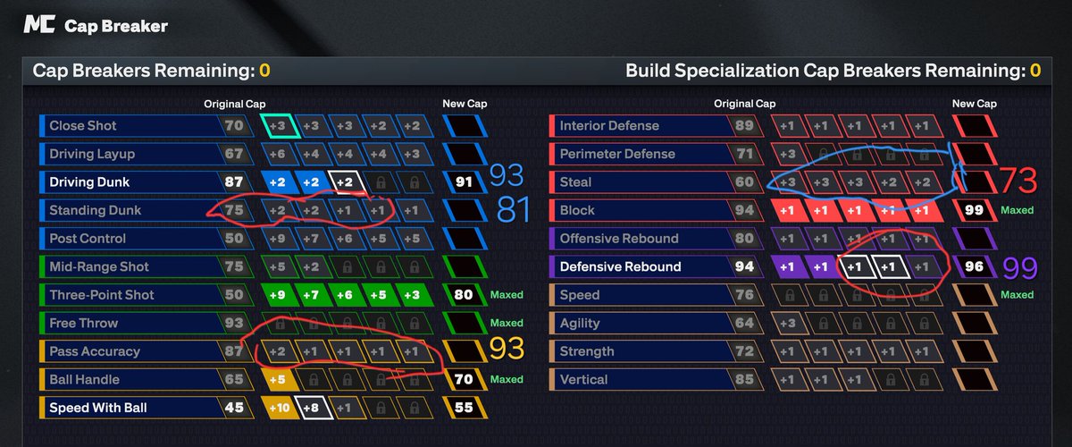 Mac_Comic's tweet photo. @LakerFanYT 6'11 center for rec or pro am; 3 caps for DD (93 next season) 5 caps 3pt (2 of the 5 caps are from shooting specialization) 5 caps for 99 block, used a cap for ball handle and swb for giannis dribble style/crossover and better animations, 5 caps for def reb next 3 caps w/ vet2 https://t.co/pi7bgOvl9m