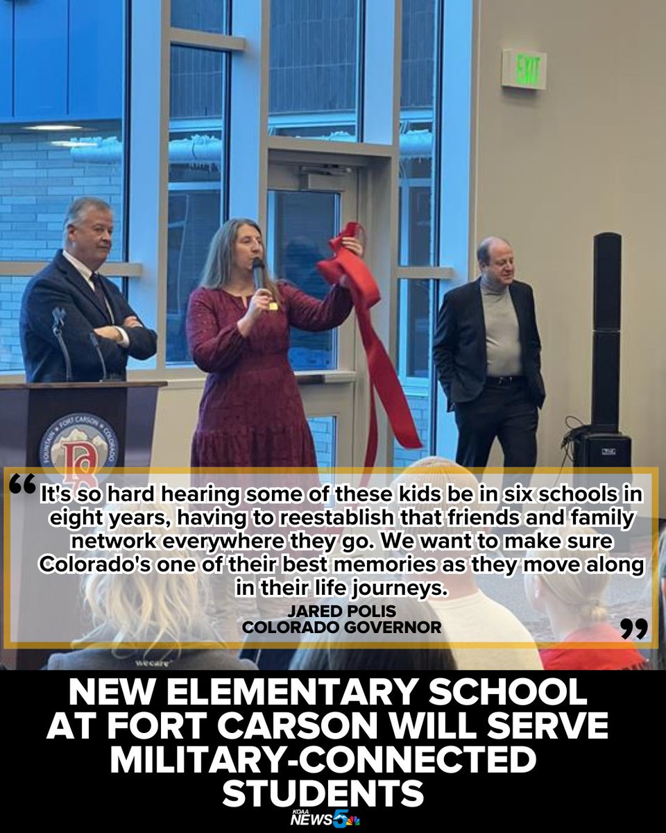 KOAA's tweet photo. Governor Jared Polis joined Fort Carson officials Thursday to celebrate the grand opening of a new school. 

Abrams Elementary School will serve military-connected students starting in the new year.

More at: https://t.co/3jWfURe549 

#abramselementary #fortcarson https://t.co/NWfKTeR30K