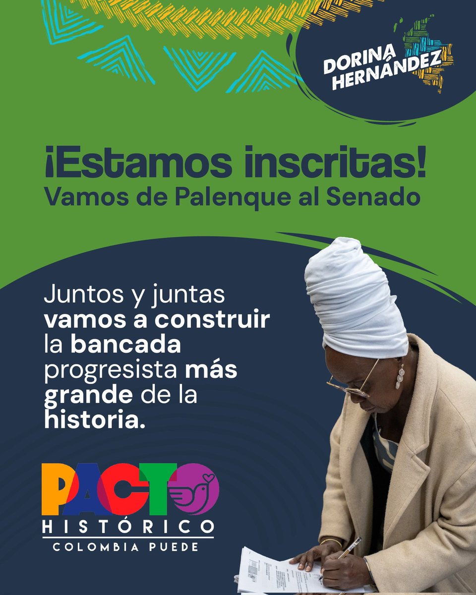 ¡Estamos inscritas! ✊🏾
Desde Palenque dimos el paso para llevar nuestra voz al Senado y seguir construyendo el cambio.

Con <a href="/IvanCepedaCast/">Iván Cepeda Castro</a> en la Presidencia defenderemos la paz, la justicia social y los derechos humanos, porque Colombia no puede retroceder.

Vamos por la bancada