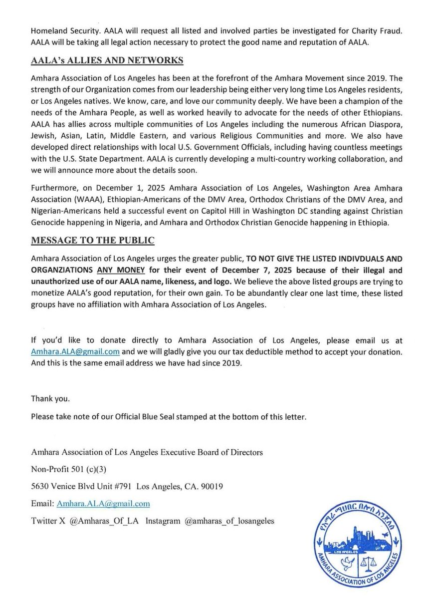 Amharas_Of_LA's tweet photo. Potential #FraudAlert #CharityFraud AABA #SanFrancisco, @AmharaNevada , Amhara Association of California #SanDiego , & @SenaitSenay are illegally using Amhara Association of Los Angeles Name & Logo
DO NOT GIVE THEM MONEY!!! Read AALA Official Statement below
@DHSgov @FBILosAngeles @TheJusticeDept @CiscoAguilar @IRS_CI