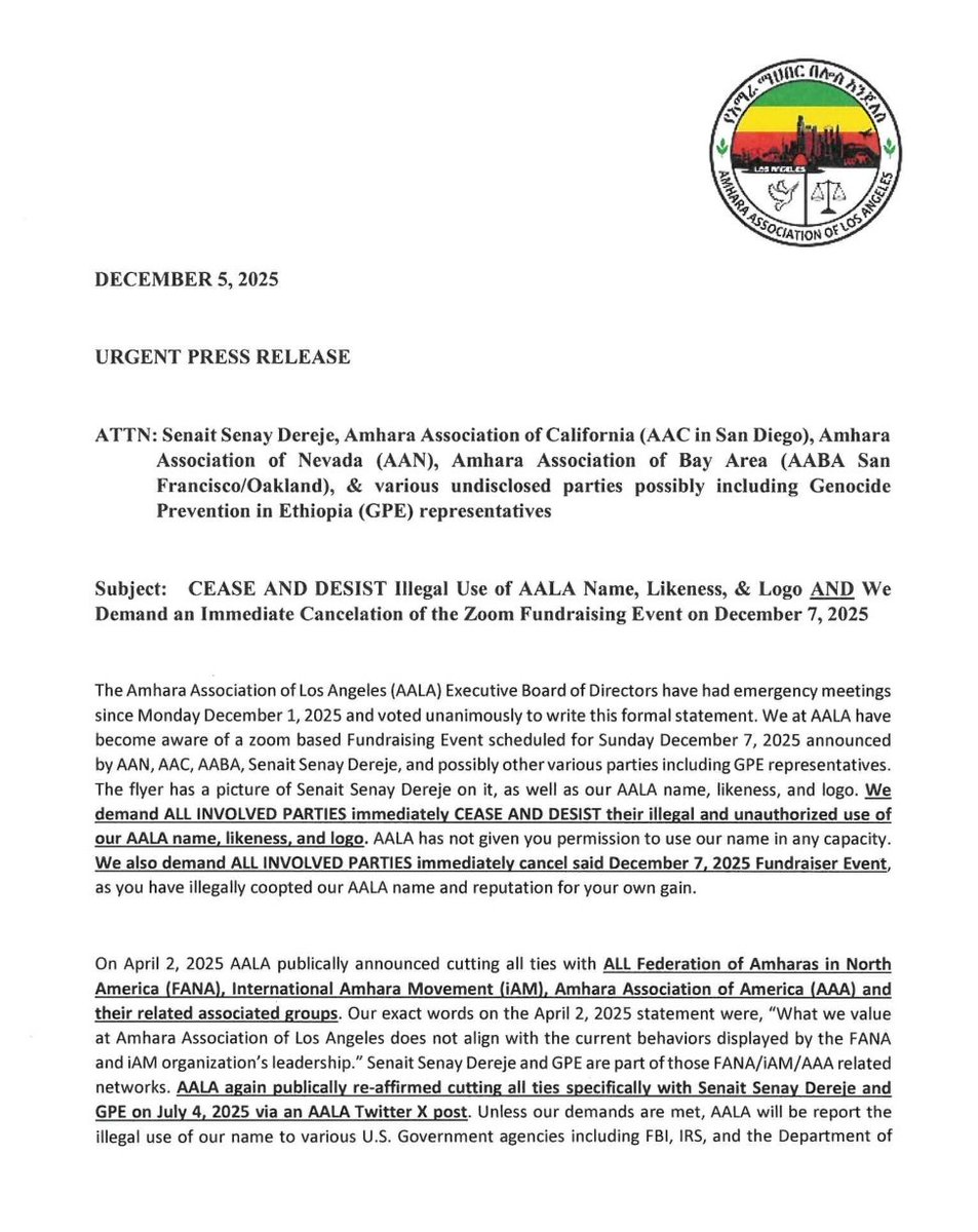 Amharas_Of_LA's tweet photo. Potential #FraudAlert #CharityFraud AABA #SanFrancisco, @AmharaNevada , Amhara Association of California #SanDiego , & @SenaitSenay are illegally using Amhara Association of Los Angeles Name & Logo
DO NOT GIVE THEM MONEY!!! Read AALA Official Statement below
@DHSgov @FBILosAngeles @TheJusticeDept @CiscoAguilar @IRS_CI
