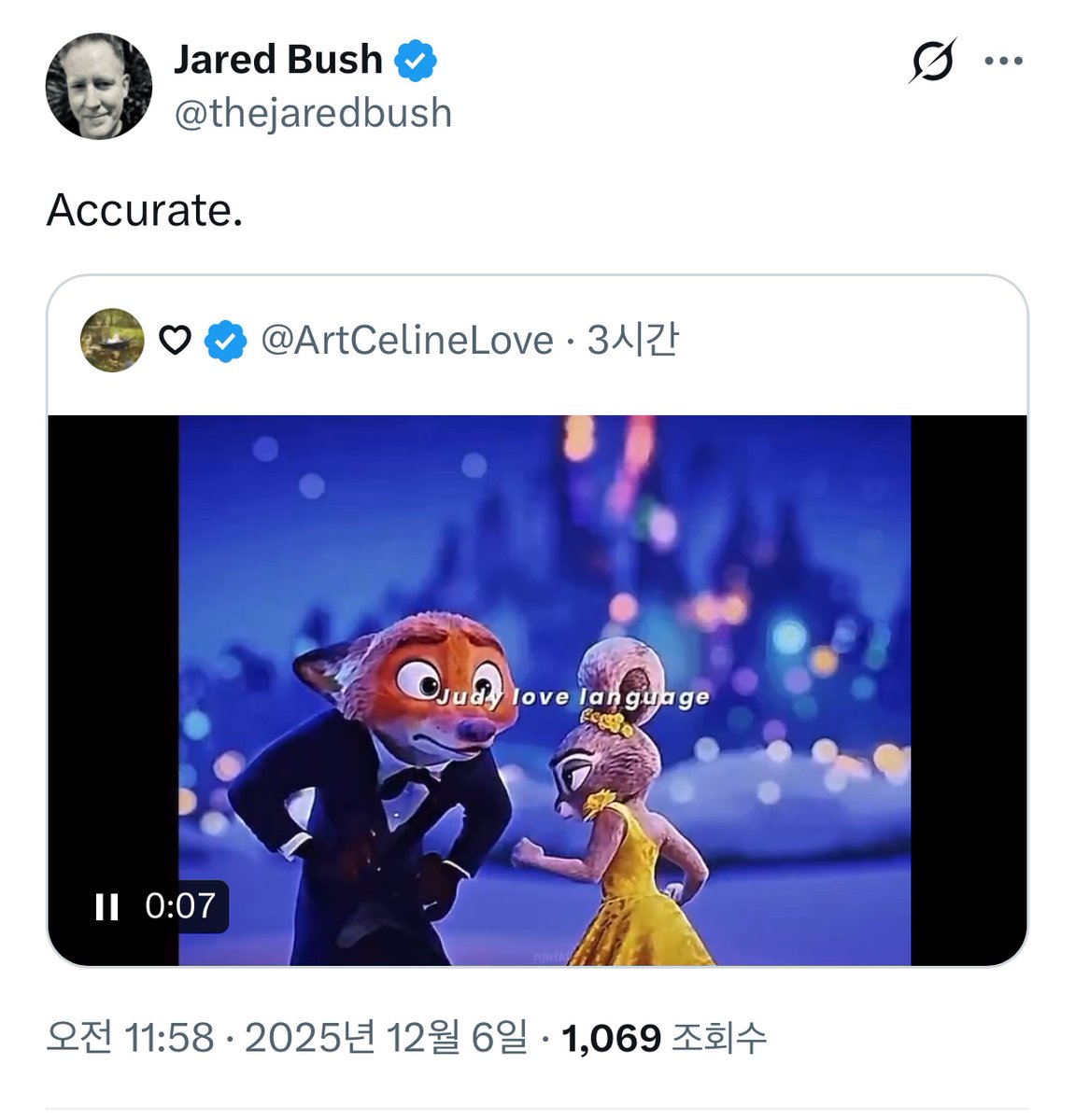 ㅁㅊㅁㅊ 주토피아 감독님이 주디가 닉 맨날 때리는거 주디의 러브 랭귀지라는 영상에 Accurate.(정확함.) 이라고 인용하심 악!!!!!!!!ㅋㅋㅋ토끼는 사랑하는 수컷을 때린다더니 찐이었냐고