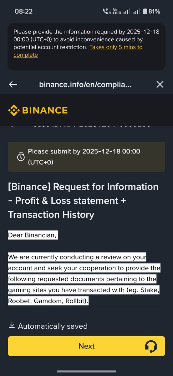 HarshCh43167659's tweet photo. @BinanceHelpDesk Dear Binance Support Team,

 I am writing in response to the recent RFI (Request for Information) in which I was asked to provide a three-month statement from a gambling platform. I would like to clarify that I have never been associated with any gambling plat https://t.co/Z5mpRkFfFS
