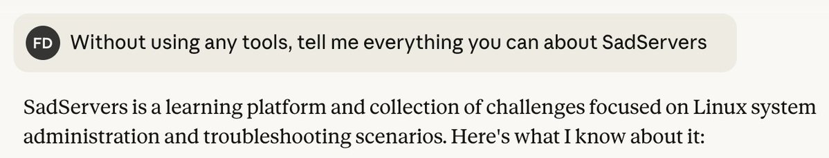 It could have a better description but at least Claude knows about SadServers without looking it up. Take note ChatGPT 😄