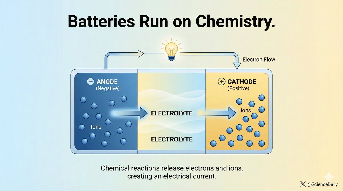 ThiRaj351283's tweet image. “A battery doesn’t store electricity — it stores chemistry.
Every charge and discharge is a dance of ions moving through invisible pathways.”#Chemistry #BatteryScience #Electrochemistry #STEM #SciComm #EnergyStorage #LearnScience #Education #ScienceTeacher #ScienceDaily