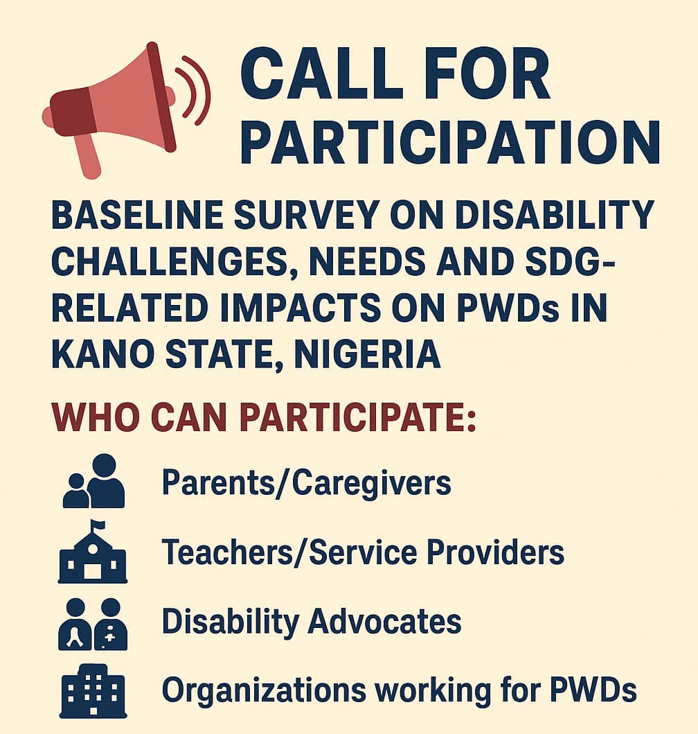 Disability_PI's tweet photo. 📢 Call for Participation:

The Disability Projects Initiative (DPI) is conducting a baseline survey to understand the challenges, needs, and SDG-related impacts affecting Persons with Disabilities (PWDs) in Kano State, Nigeria.

Click the link👇
https://t.co/Zb84EqOJnv https://t.co/Rx7n7X2QVY