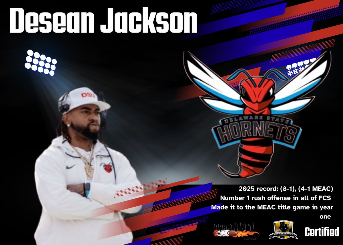 gizmo_myers's tweet image. Desean Jackson has DELAWARE STATE ROLLING.

Year 1: 8-1, 4-1 MEAC
#1 rushing offense in FCS
MEAC Title Game appearance 🔥

This isn’t a rebuild — it’s a takeover.
The Hornets have arrived. 🐝🚀

#DelState #MEAC #HBCUFootball #FCS