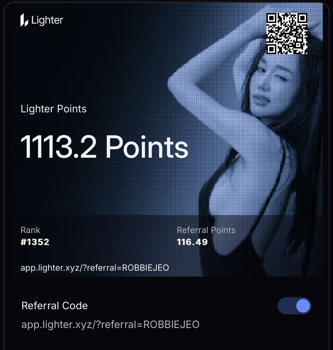 robbie_jeo's tweet image. GM GLighter!
Finally crossed 1,000+ @Lighter_xyz  points, around 1,113 today.
Ran $4.26M in volume last week and $27.9M+ all-time.

If points land at $150–200, that’s $167k–223k in value.
Still early. Still scaling.

#Lighter #Lighterxyz