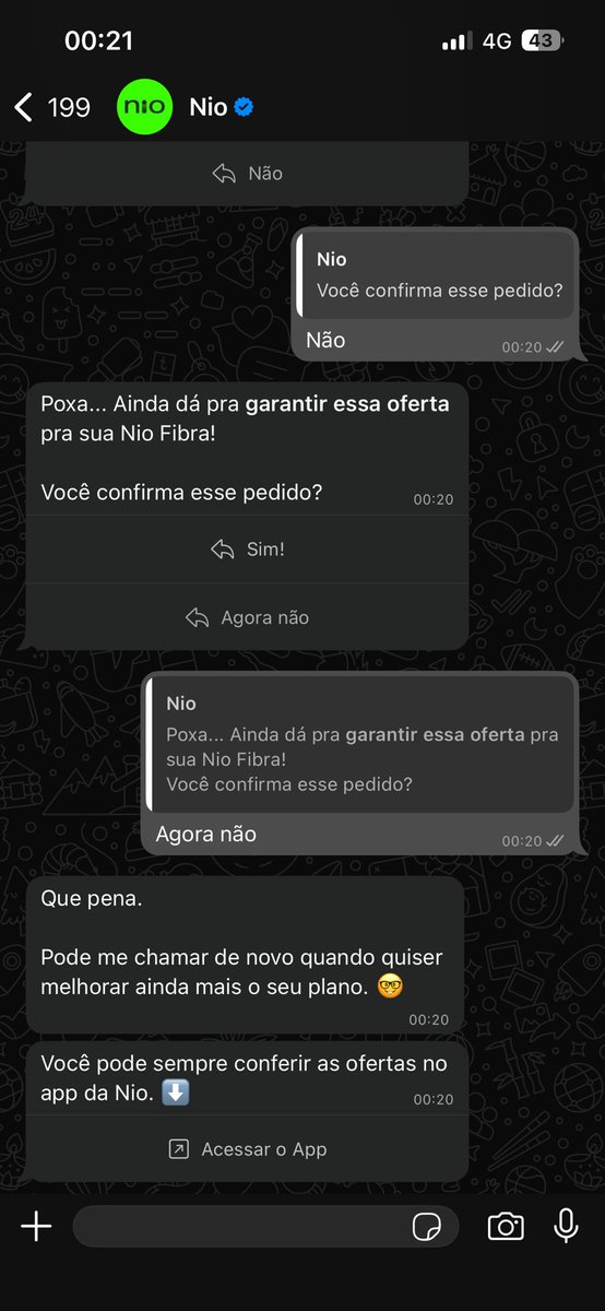 thalesfelipeb's tweet photo. Suporte técnico da @NioInternet vc vai indo nas opções do nada uma oferta! Vc não aceita a oferta = atendimento encerrado 🤷 https://t.co/0BvYwspArA