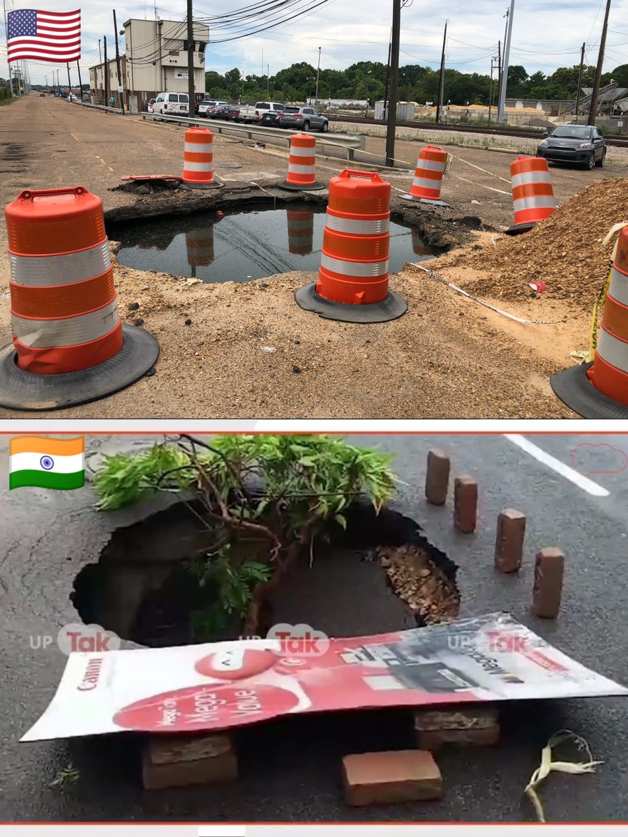 🇺🇸: Let's put barricades to make people aware.
🇮🇳: 4 bricks, one tree branch and a poster.