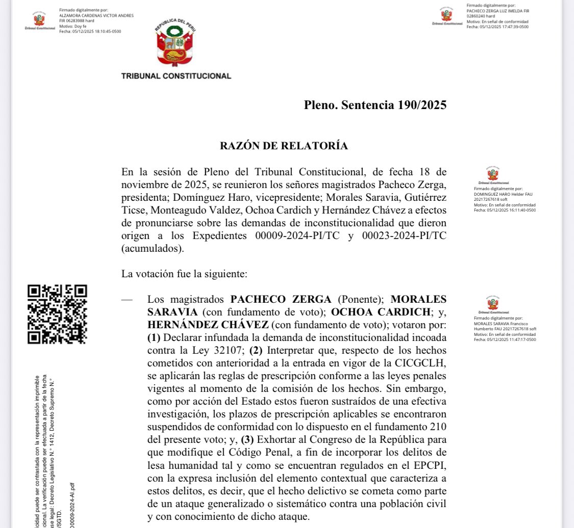 ¡Victoria para la verdad y la justicia! El <a href="/TC_Peru/">Tribunal Constitucional del Perú</a> declaró infundada la demanda contra la Ley 32107. Nuestros militares y policías, héroes q derrotaron al terrorismo, podrán recuperar su libertad y anular procesos injustos. Hoy avanza el Perú con gloria, dignidad y esperanza. ✨