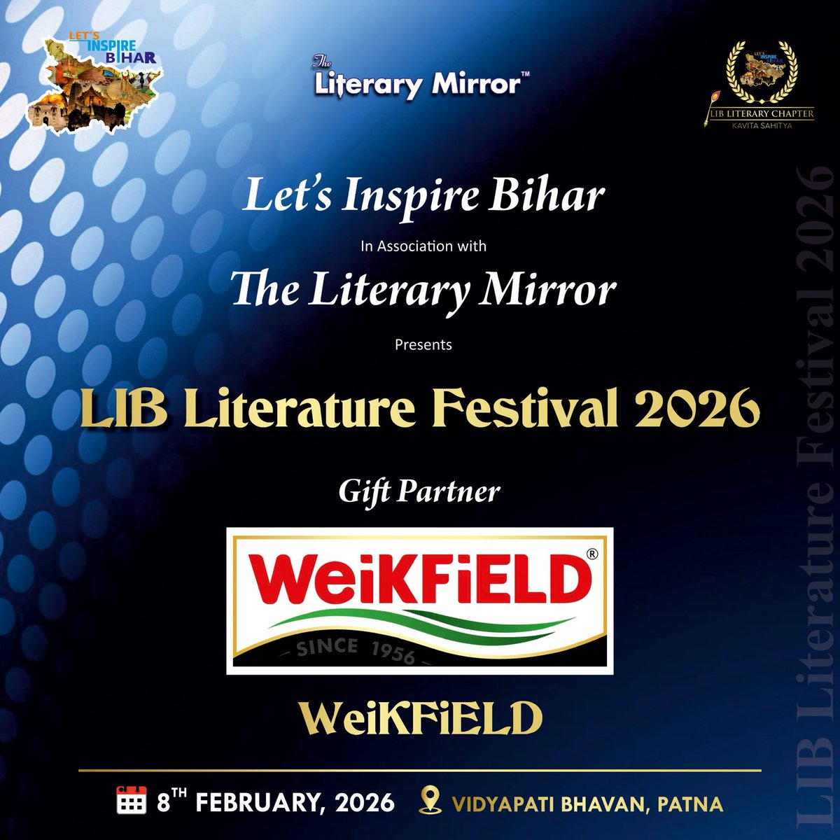 LIBLiterary's tweet photo. Delighted to have Weikfield as #GiftPartner of #LIBLiteratureFestival2026
#ExpressBookService #RohitEnterprises #RohitJerajani
#TheLiteraryMirror
Register here (Free registration)
https://t.co/3hOr8uGqku
@vikasvaibhavips @lib_central
@Imjyoti5 @anil7sep https://t.co/6okldDPBIf