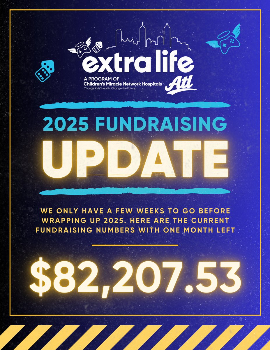 ExtraLifeAtl's tweet image. Drumroll… 🥁
Extra Life ATL has officially raised $82,207.53 for kids at Children’s Healthcare of Atlanta in 2025!
If you need help with year-end fundraising, we’ve got you Let’s finish strong! 

#ExtraLifeATL #ExtraLife #AtlantaGamers #CMN #CHOA #extralife4kids
