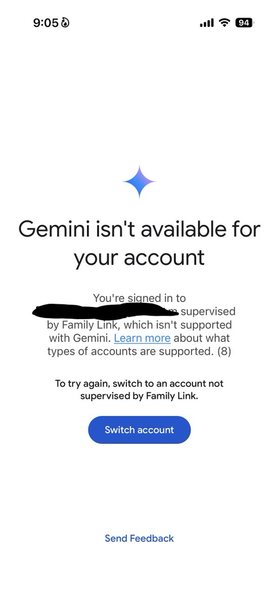 tdd's tweet photo. Can kids under 13 years old use the @GeminiApp? According to support article and Gemini itself, the answer is "yes". However I toggled the Gemini setting to on in Family Link and it does not work. This "Learn more" link says it's not available for <13 YO. https://t.co/6pMiC8Q7un