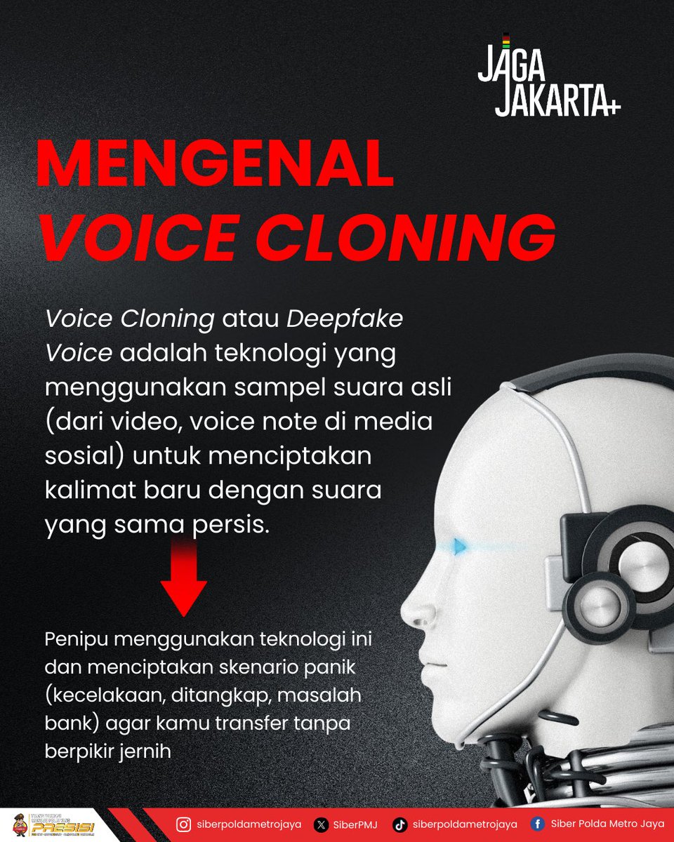 SiberPMJ's tweet image. Hati-hati! Penipuan AI Voice Cloning Mengancam!

Voice Cloning adalah teknologi Deepfake Voice yang menggunakan sampel suara asli Anda (dari media sosial/video) untuk meniru suara Anda dengan sempurna.

#WaspadaDeepfake #VoiceCloning #KeamananDigital #StopPenipuan