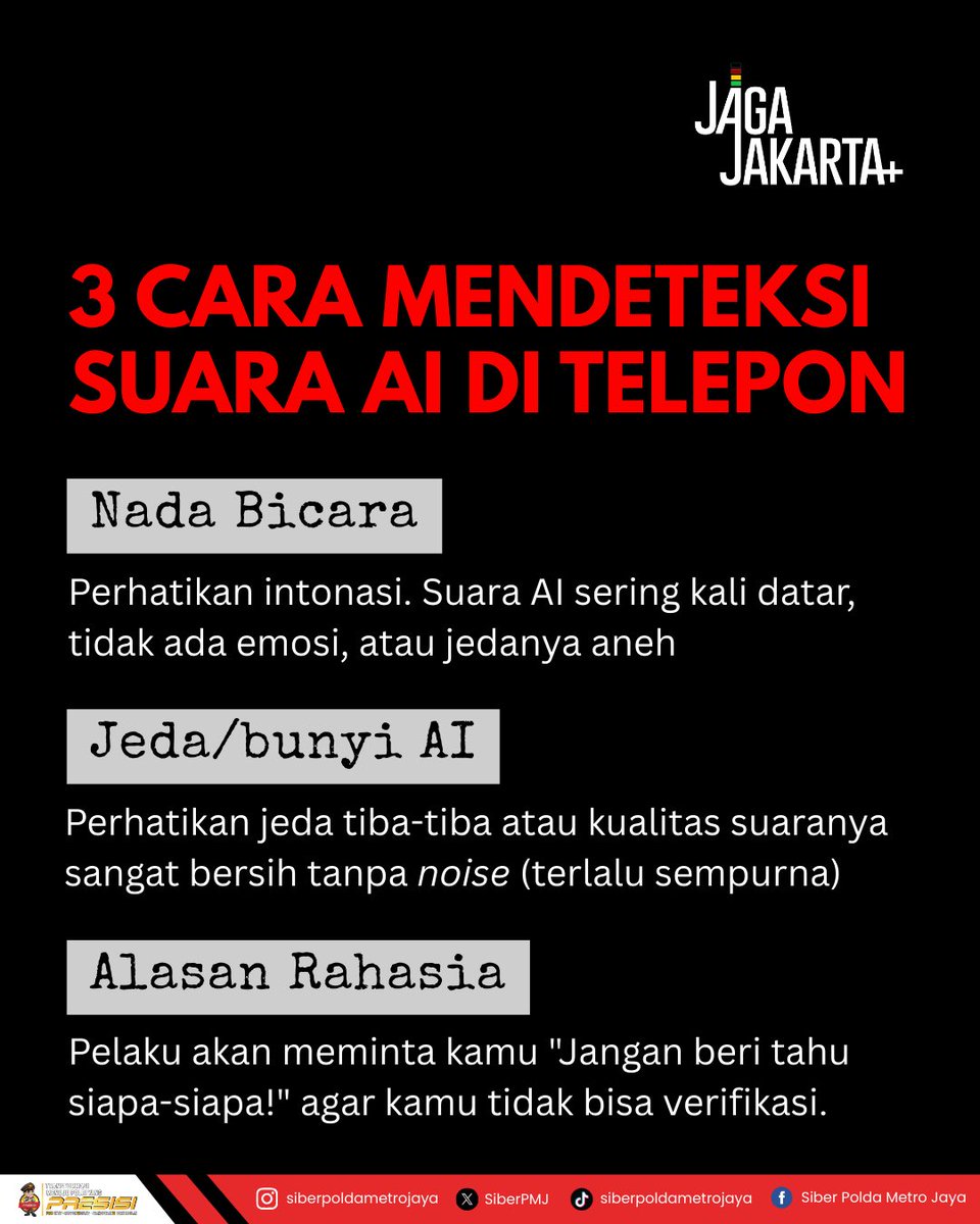 SiberPMJ's tweet image. Hati-hati! Penipuan AI Voice Cloning Mengancam!

Voice Cloning adalah teknologi Deepfake Voice yang menggunakan sampel suara asli Anda (dari media sosial/video) untuk meniru suara Anda dengan sempurna.

#WaspadaDeepfake #VoiceCloning #KeamananDigital #StopPenipuan