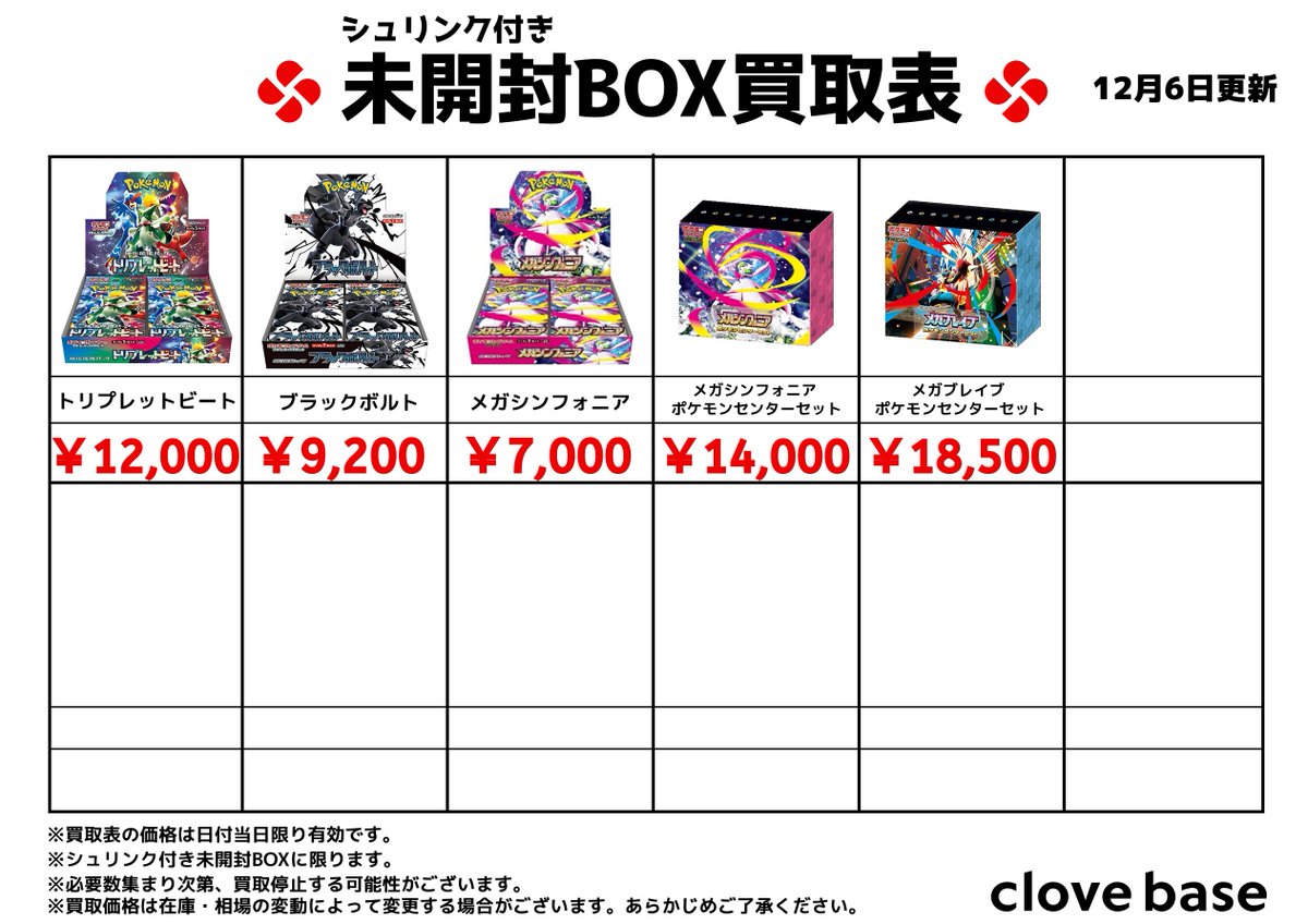 ⭐️シュリンク付き未開封BOX買取表⭐️ 《買取表に載っている