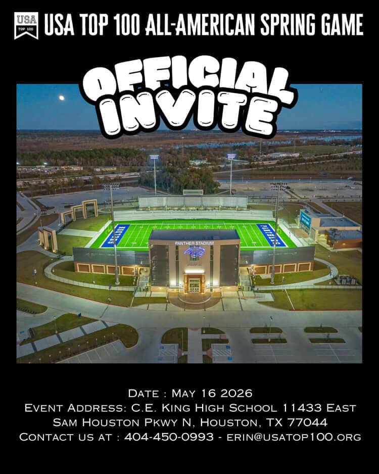 #AGTG blessed to announce I've been invited to the <a href="/USATOP100dotorg/">USATOP100</a> All American Game! <a href="/sbisdathletics/">Spring Branch ISD Athletics</a> <a href="/StratfordFB1/">Stratford Spartan Football</a> <a href="/CoachJezek/">Shawn Jezek</a>