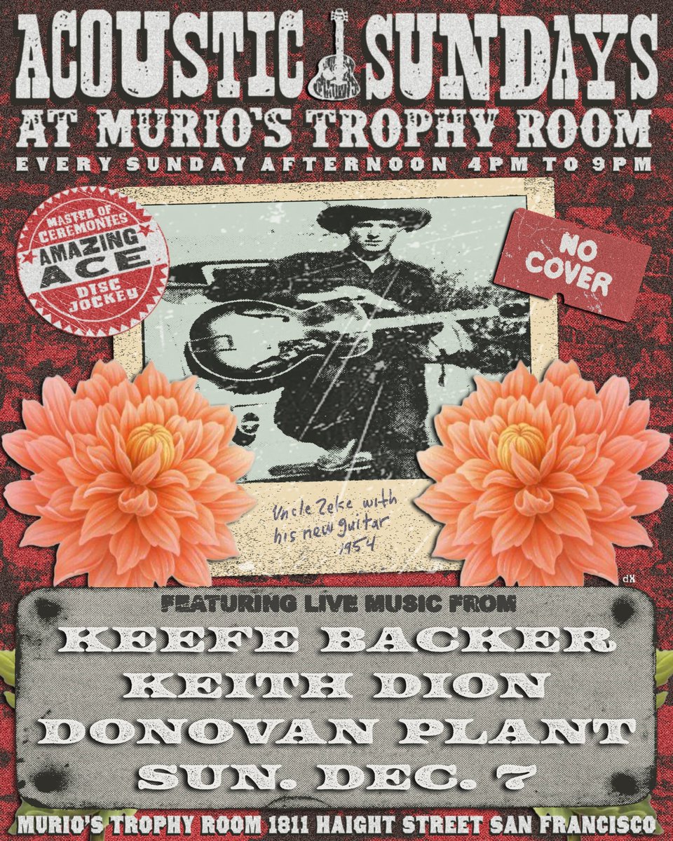scarlet_richie's tweet photo. From @AceRealityCheck: #AcousticSundays Launches this SUN DEC 7 #MuriosTrophyRoom 1811 Haight St. #SanFrancisco w/ 3 great acts: @DonovanPlant, #KeithDion (x- @noelredding ) and newcomer #KeefeBacker at 5PM PST! #livemusic #acousticguitar #acoustic #FreeShow @BrokeAssStuart https://t.co/60uODia1H4