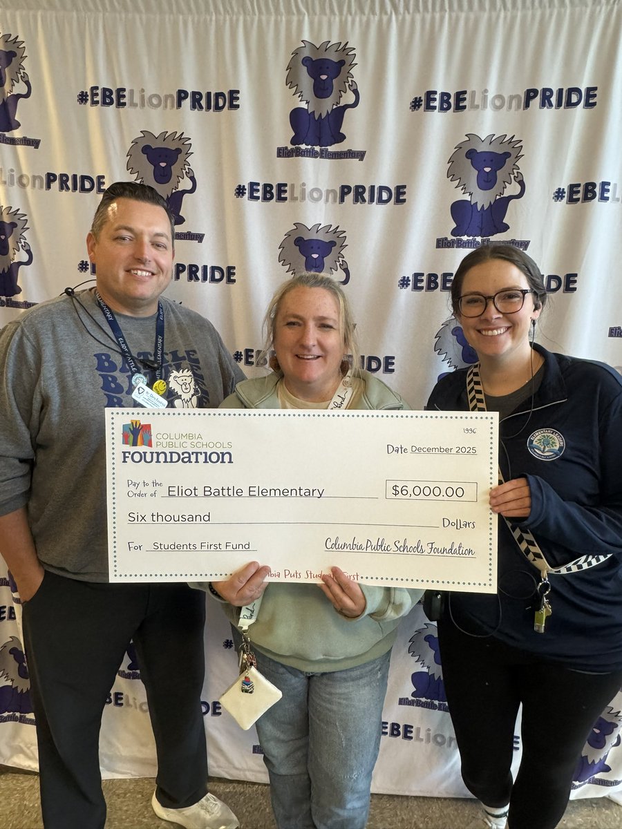 Today was an amazing day!! We were awarded a big check!! This money is going straight to educating our students!! #EBELionPRIDE #cpsbest Thank you Columbia Public Schools Foundation.