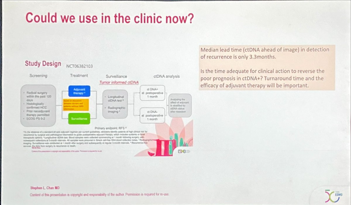 DrAngelaLamarca's tweet photo. Very interesting discussion by #StephenChan - ctDNA predicted recurrence only 3.3 months (median time) before imaging did....
My 💭 #logistics: tumour informed MRD with ctDNA costs time and money
👏Ongoing prospective trial in China #DrHuiChuan
Am I the only one #exited? 🥳🥳 https://t.co/7kC4NfSxAV