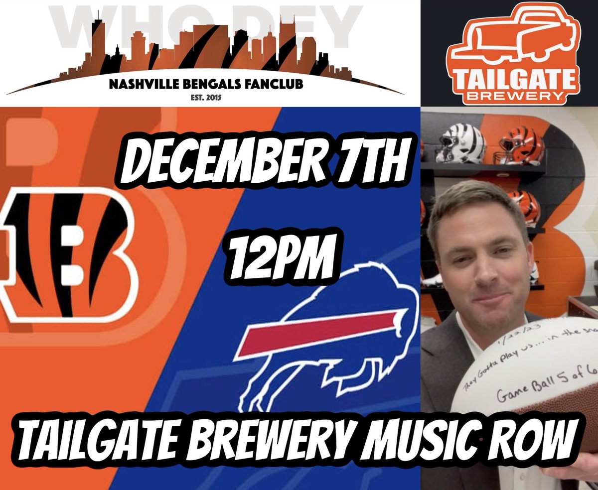 Bengals and Burrow take on the Bills in the Attack of the Killer ‘B’s! Join us at Tailgate Brewery Music Row noon on SunDey as we fight to keep our playoff hopes alive!  Who Dey! 🐅