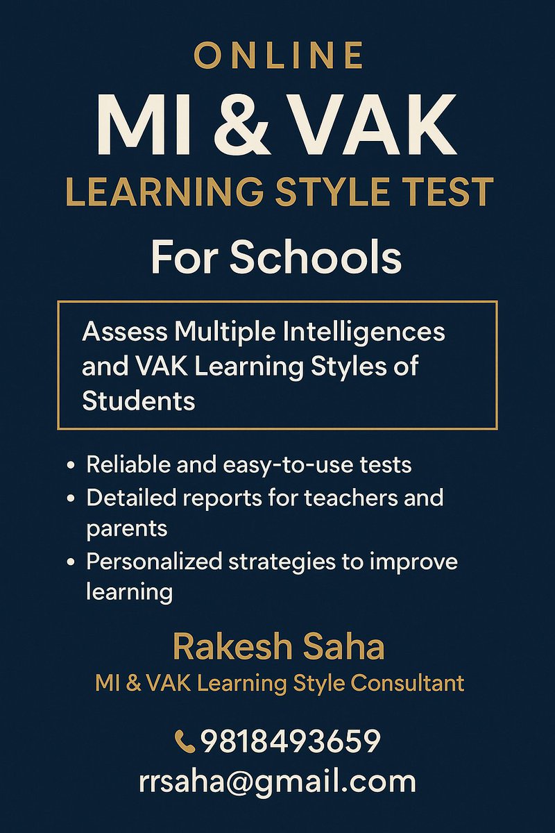 Excited to offer schools a scientific way to understand student learning styles!
Online MI &amp; VAK Assessment now available.
#NEP2020 #LearningStyles #Education
