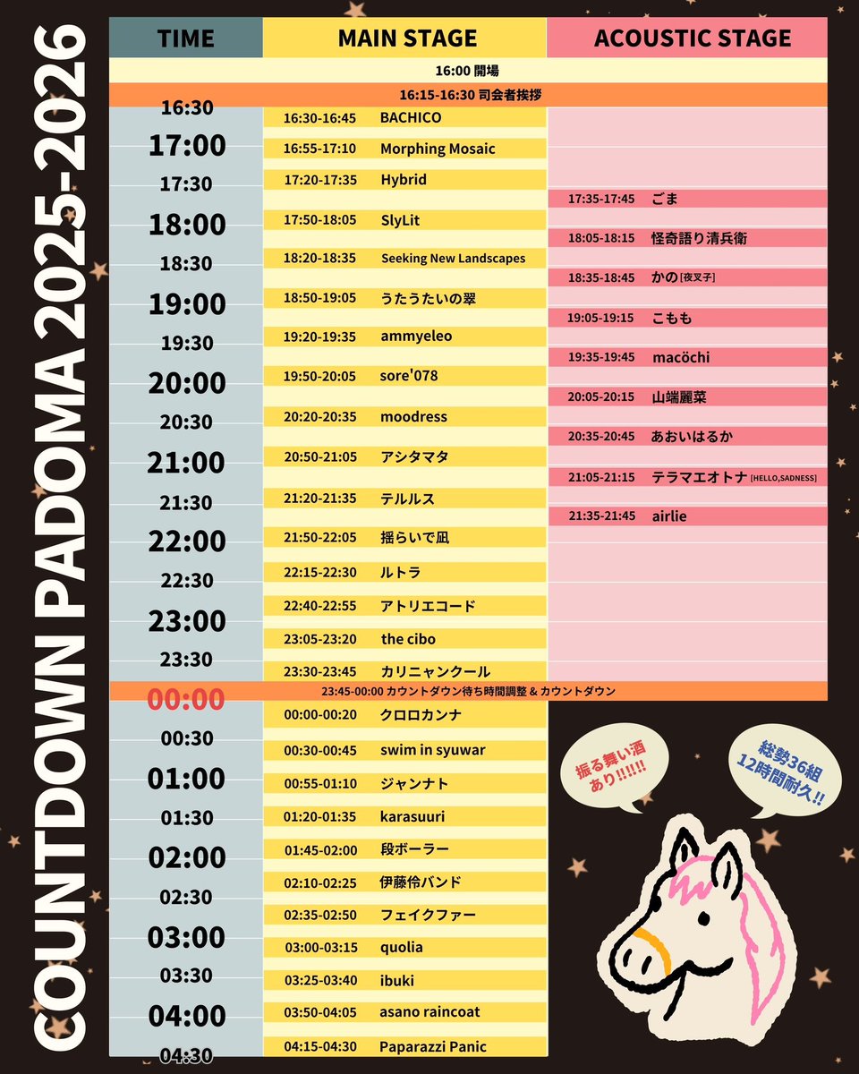 🎍カウントダウンライブ全詳細解禁🎍

12/31(水)-2026/1/1(木)
■ COUNTDOWN PADOMA 2025-2026

総勢36組！開演〜終演までジャスト12時間🔥

⚠️12時間耐久スタンプカード導入！ 開演〜終演までジャスト12時間、みんなでハチャメチャに盛り上がるべく12時間耐久スタンプカードを導入します！