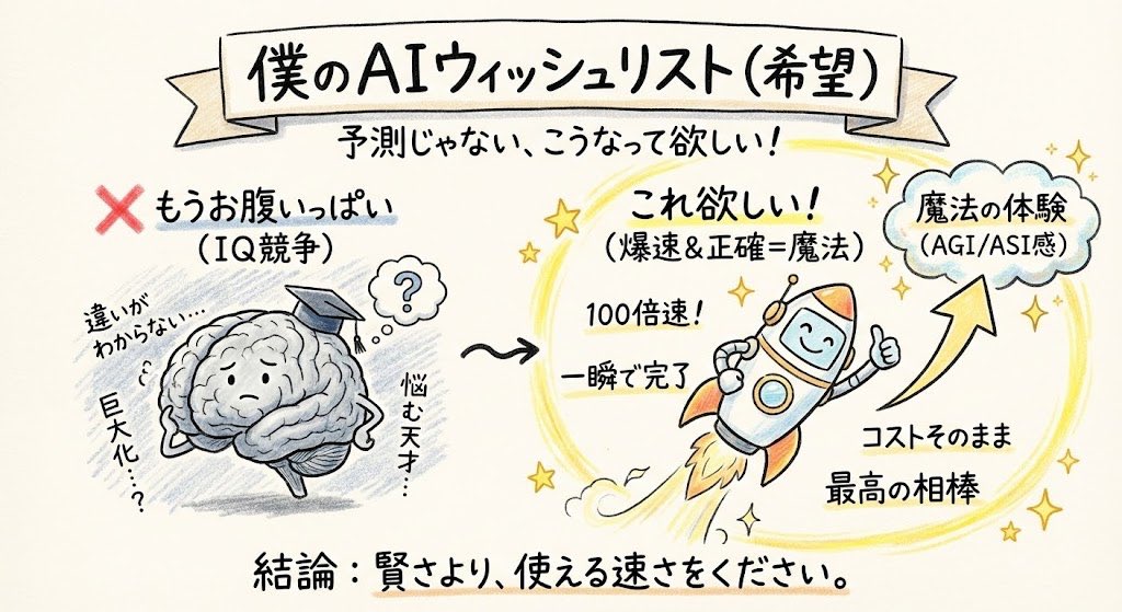 AIモデルのIQをこれ以上上げても、普通の人にはもう違いがわからない気がする。だから、コンシューマー向けのモデルがこれ以上巨大化することは、もうないのかもしれない。

ユーザーが違いを実感できないなら差別化にならないし、ベンダーが開発する理由もなくなる。keep