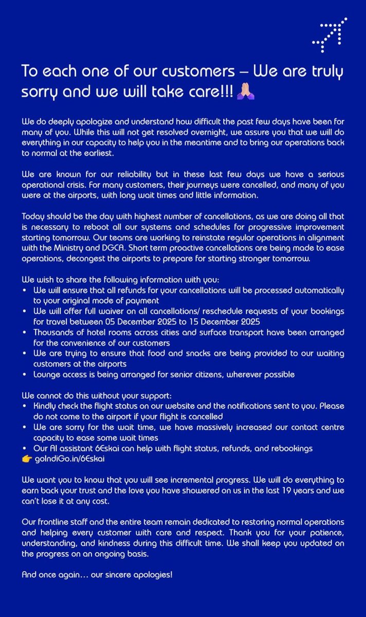 PranavJoshi14's tweet photo. @IndiGo6E I wish to cancel my booking of flight scheduled on 15th Dec at 2.55 am as I am travelling for an official meeting &amp; I can not afford delay.  Will I get full refund as mentioned in your post? https://t.co/706UdIUzkT
